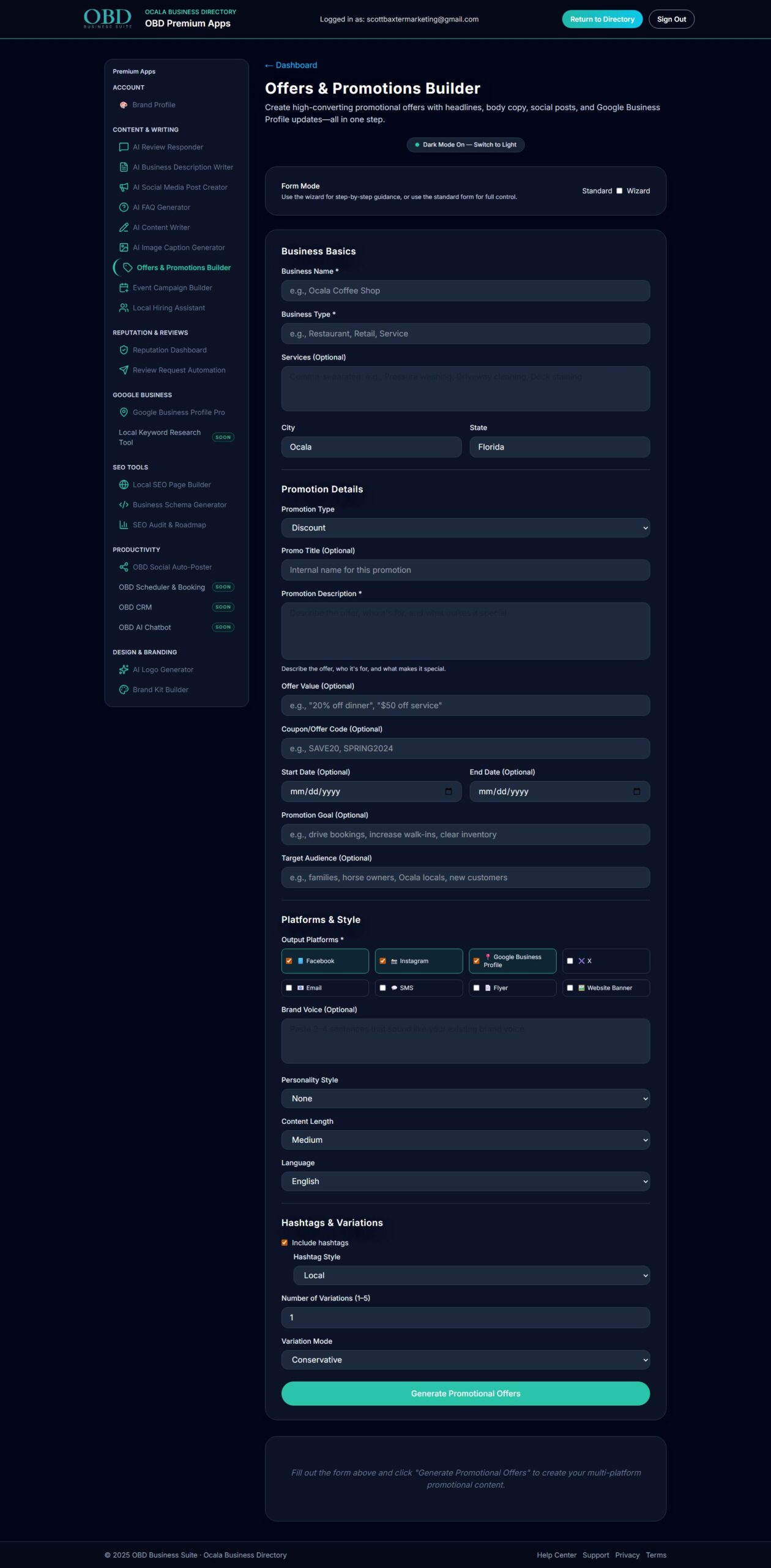 AI Offers & Promotions Builder - Dark Mode